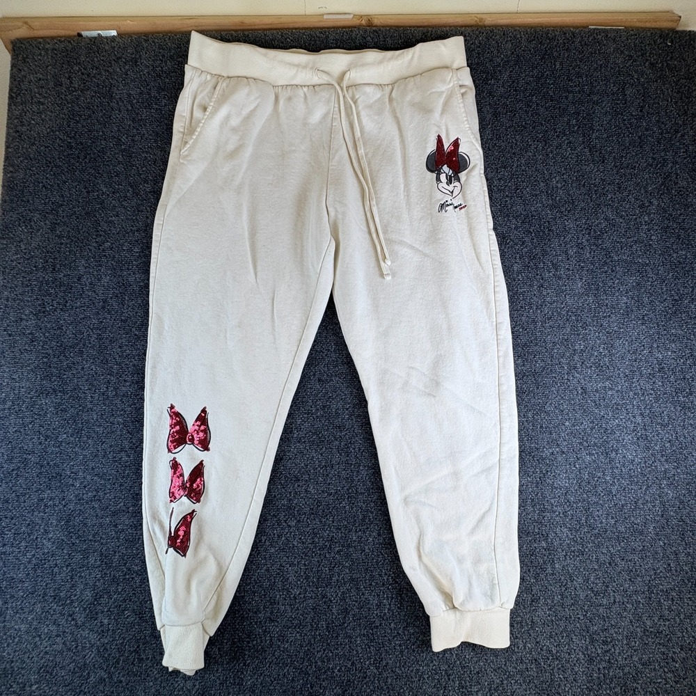 Disney Minnie Mouse Sweatpants Womens 35x26 Cream Red Sequin Bow Tapered Leg